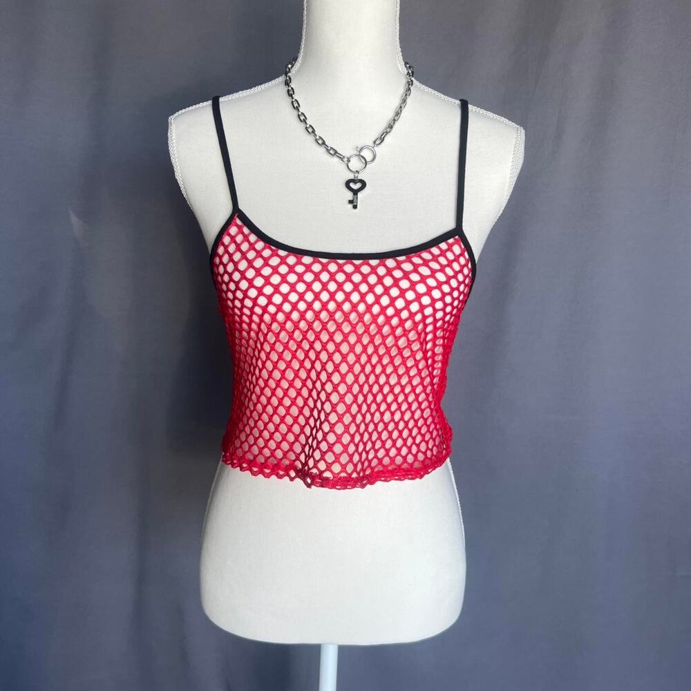 Red fishnet spaghetti strap top